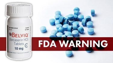 Bottle of Belviq (lorcaserin hydrochloride) with blue pills and a red label reading "FDA Warning".