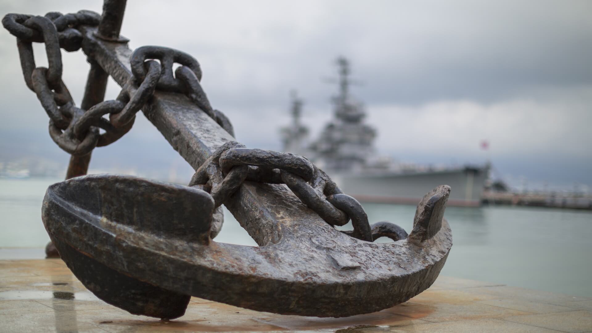 Close up of an anchor on a navy base