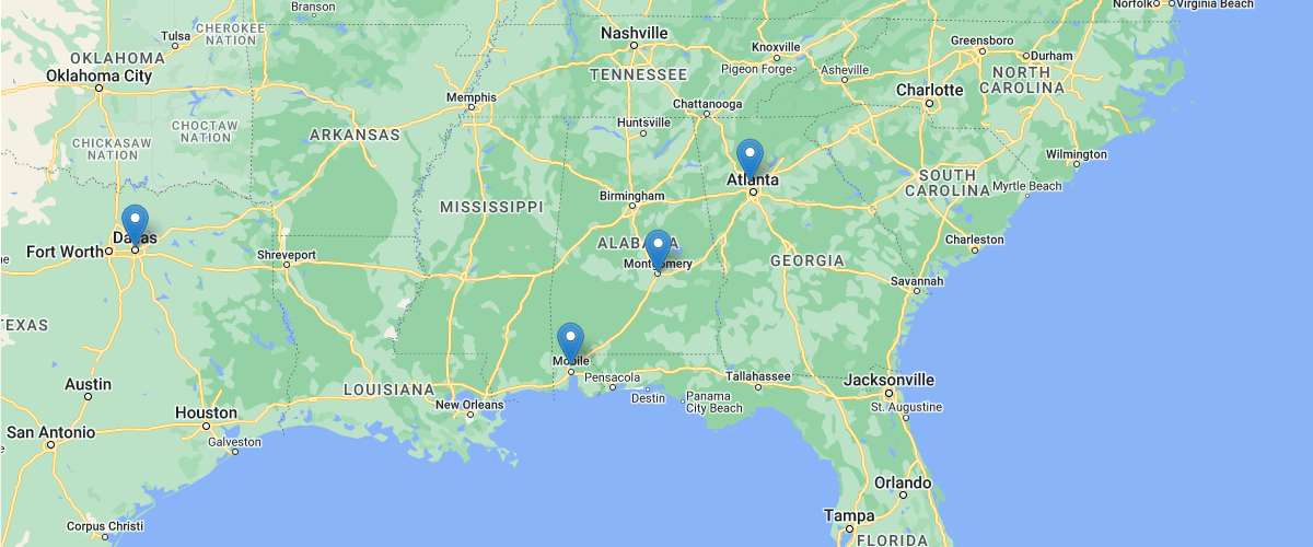 Map of Beasley Allen Offices - Located in Montgomery, AL; Atlanta, GA; Mobile, AL; and Dallas, TX