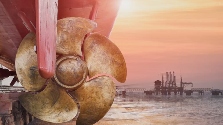 Close up of a boat propeller at a dry dock