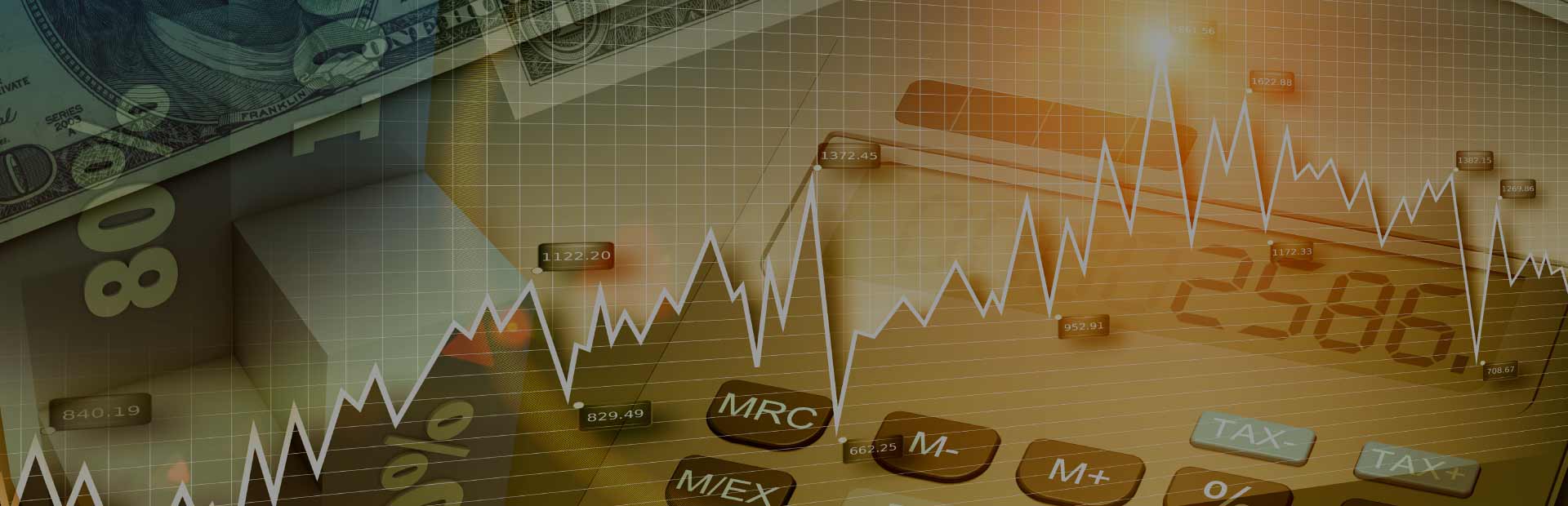 Money and calculator with an overlay of stock market graphic