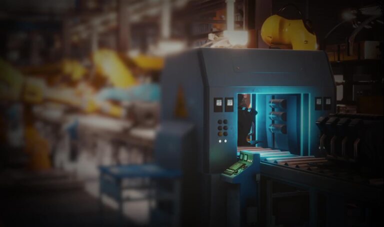 A conveyor belt moves engines down an assembly line at an auto manufacturing plant