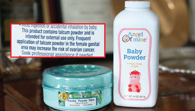 Pictured: Two talc-based products with a warning about risk of Ovarian cancer